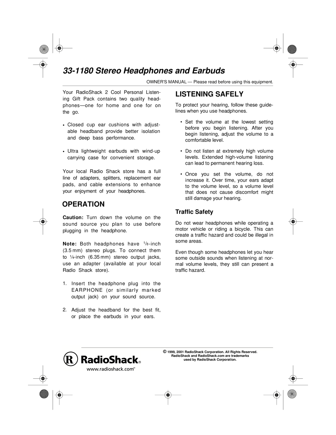 Radio Shack 33-1180 owner manual Stereo Headphones and Earbuds, Operation, Listening Safely, Traffic Safety 