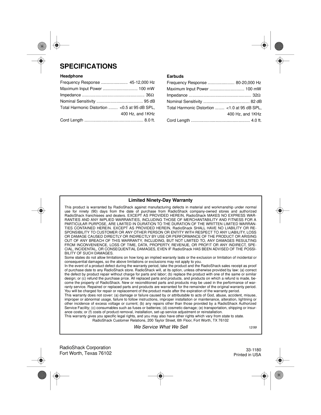 Radio Shack 33-1180 owner manual Specifications, Limited Ninety-Day Warranty, Headphone Earbuds, Bility of Such Damages 