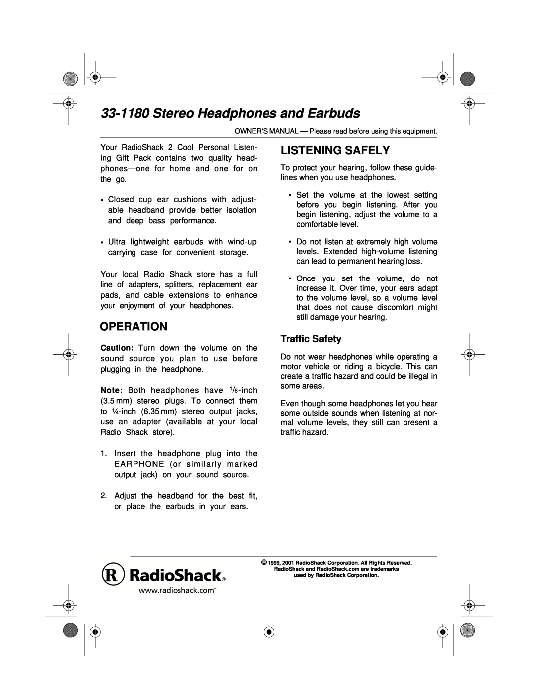 Radio Shack owner manual Operation, Listening Safely, 33-1180Stereo Headphones and Earbuds, Traffic Safety 