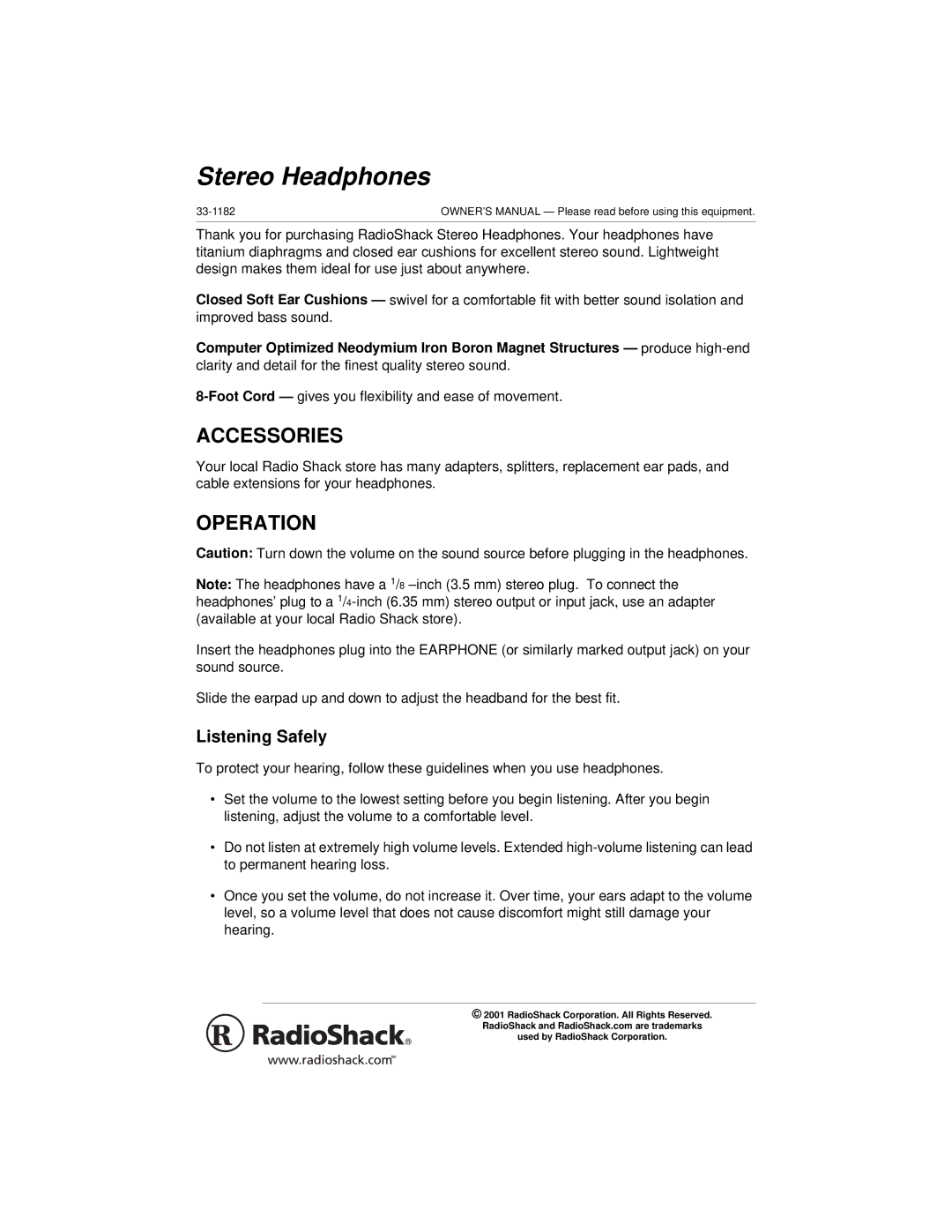 Radio Shack 33-1182 owner manual Stereo Headphones, Accessories, Operation, Listening Safely 