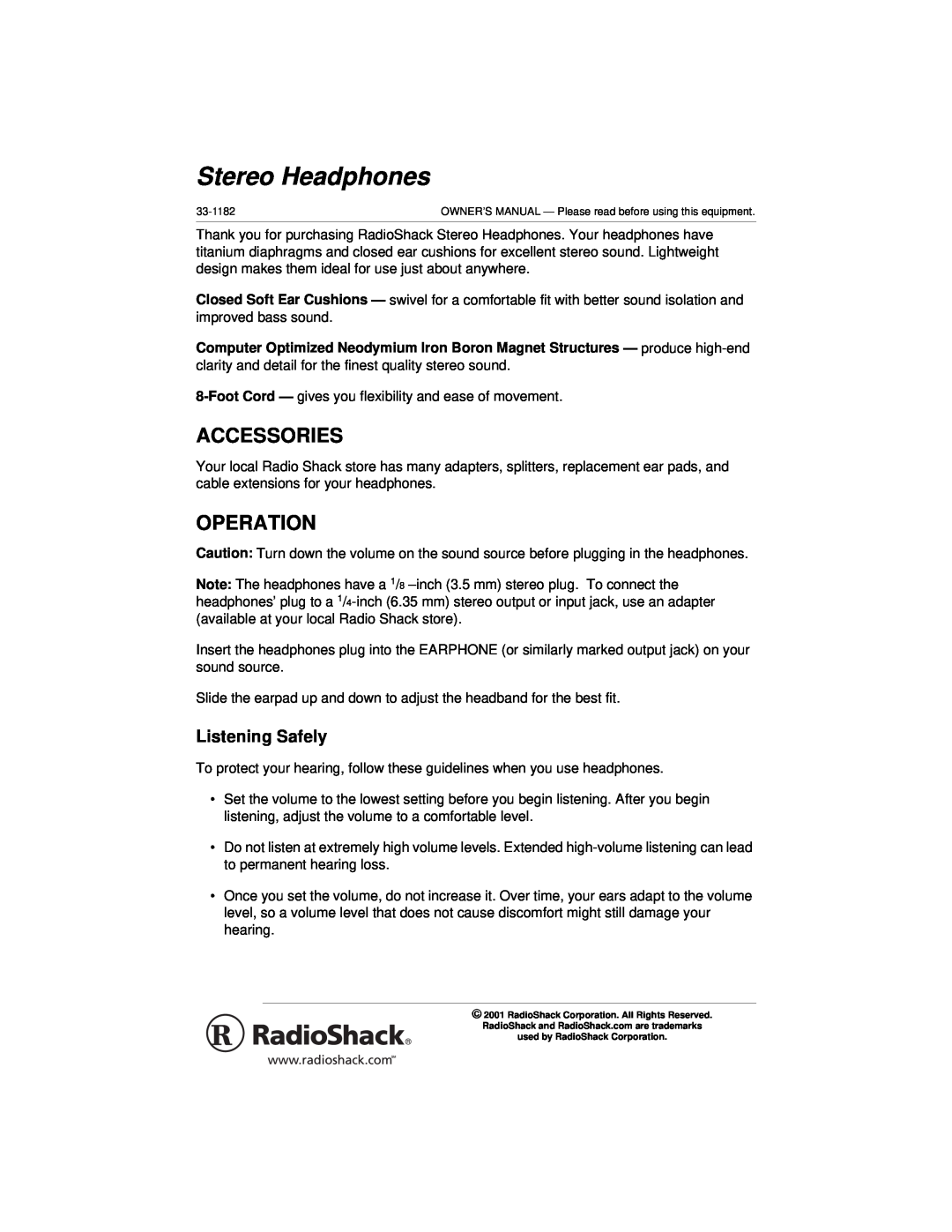 Radio Shack 33-1182 owner manual Accessories, Operation, Listening Safely, Stereo Headphones 