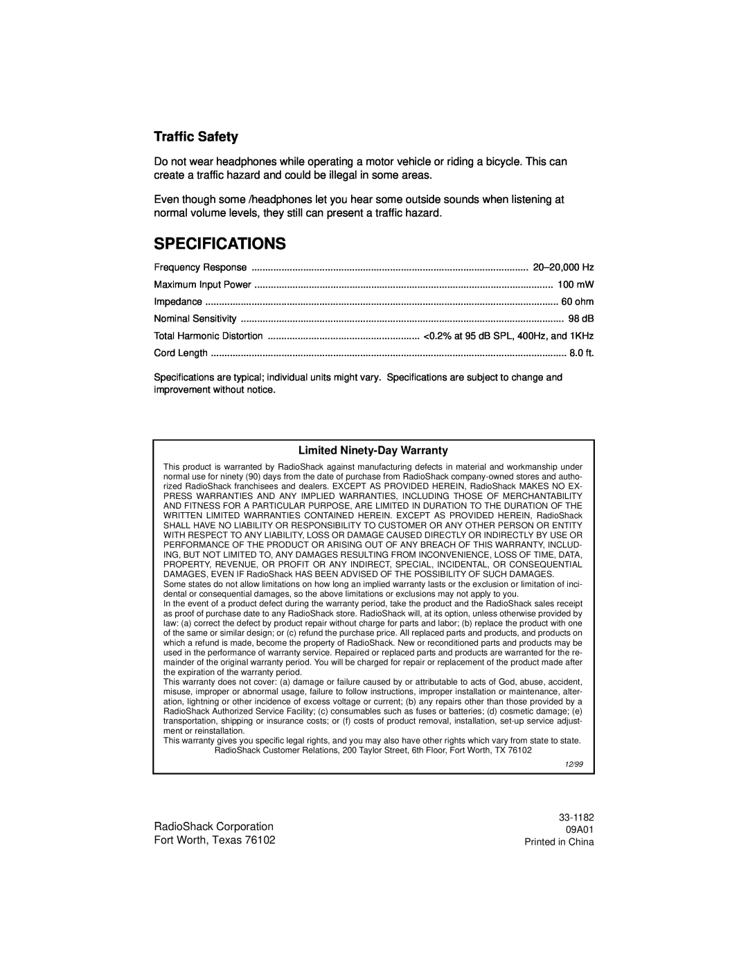 Radio Shack 33-1182 owner manual Specifications, Traffic Safety, Limited Ninety-DayWarranty 
