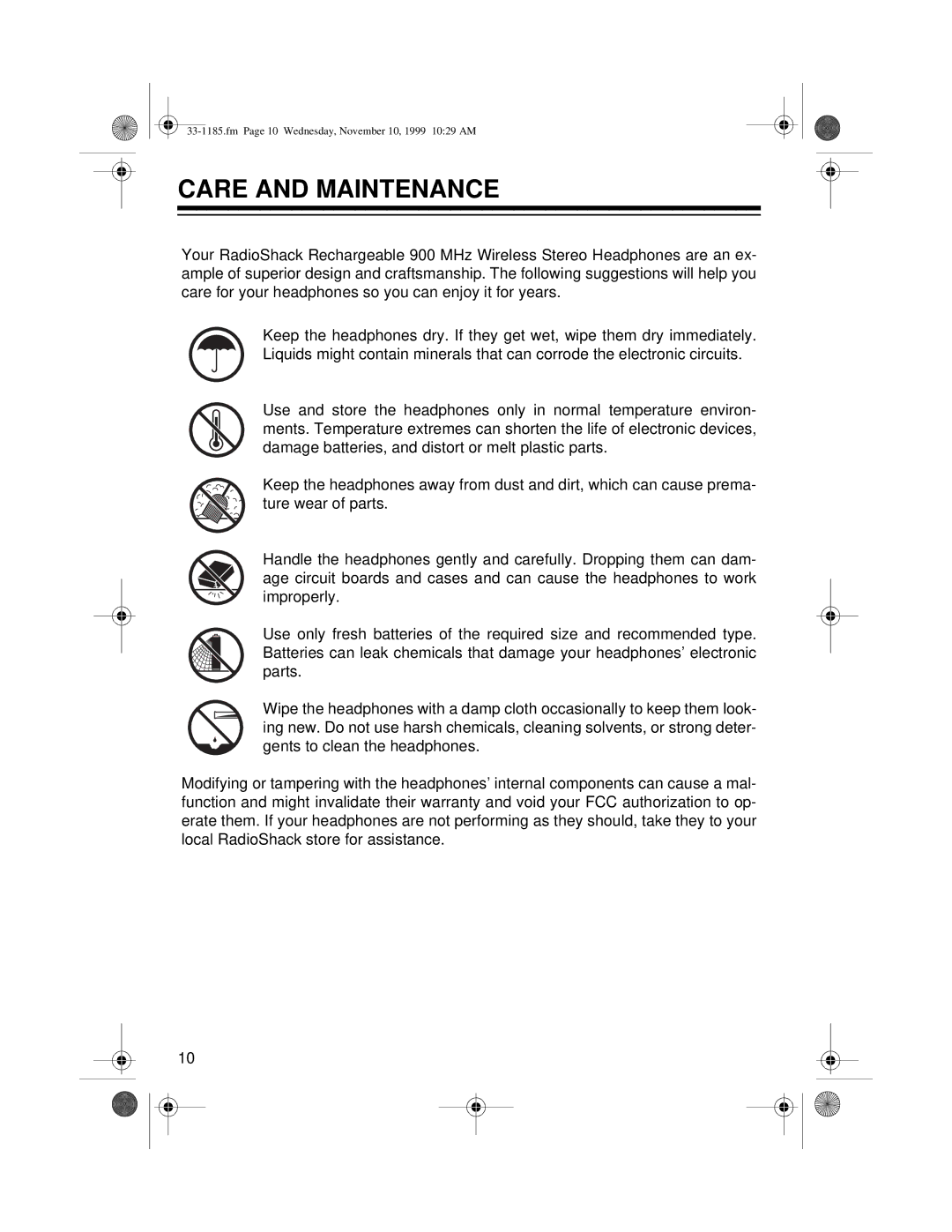 Radio Shack 33-1185 owner manual Care and Maintenance 