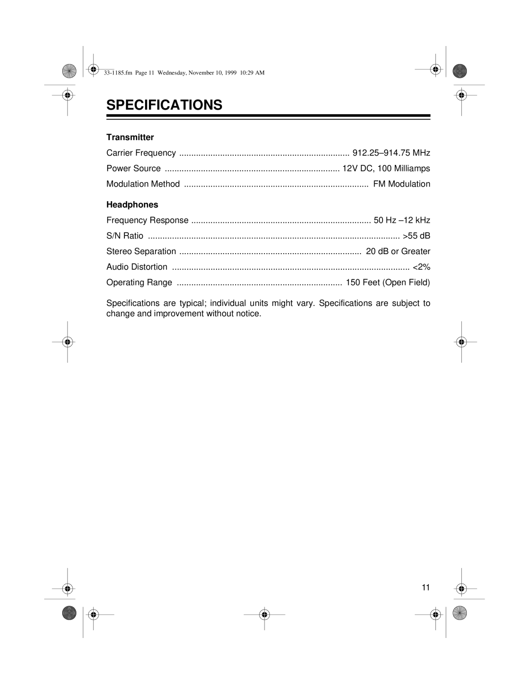 Radio Shack 33-1185 owner manual Specifications, Transmitter 