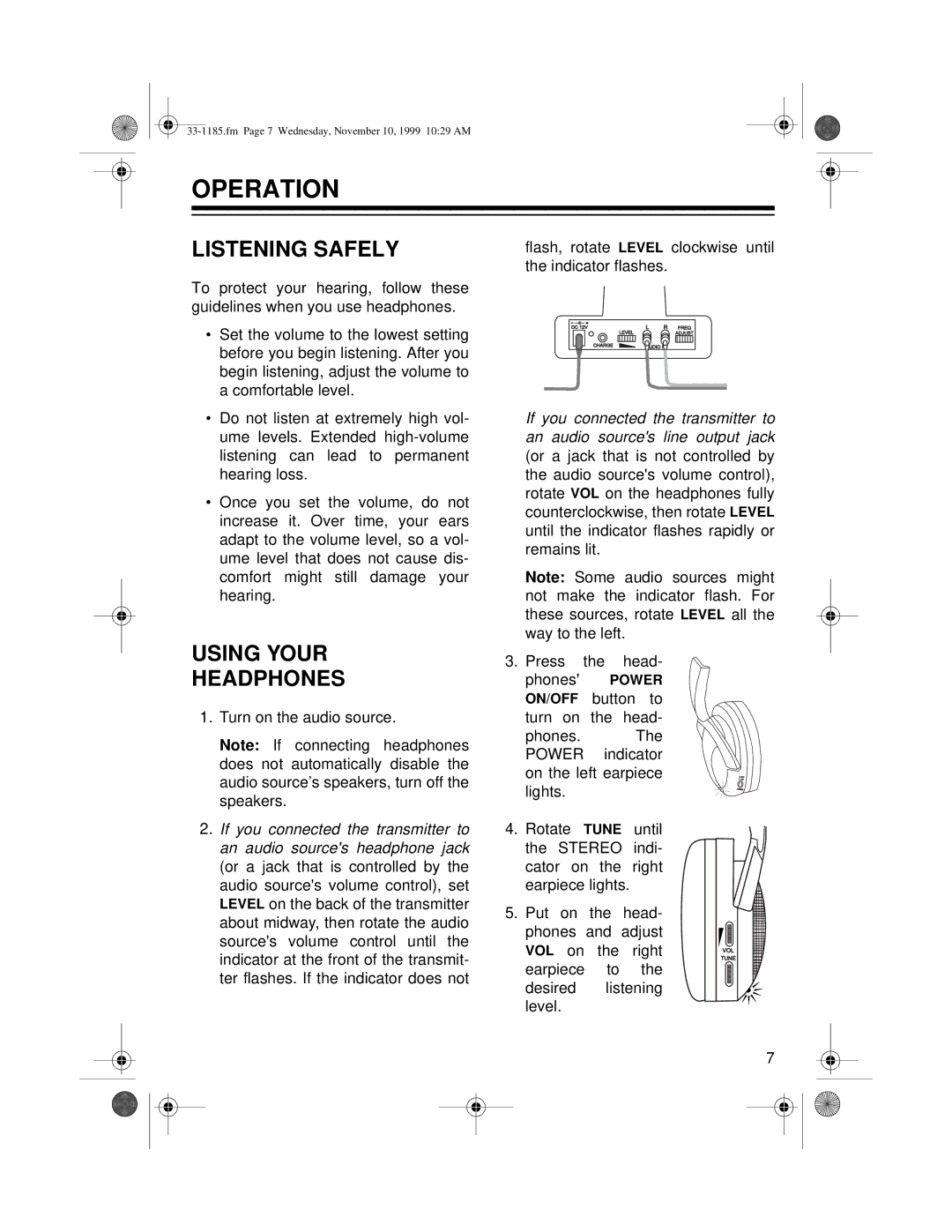 Radio Shack 33-1185 owner manual Operation, Listening Safely, Using Your Headphones 