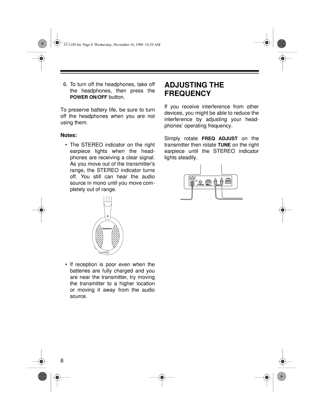 Radio Shack 33-1185 owner manual Adjusting Frequency 