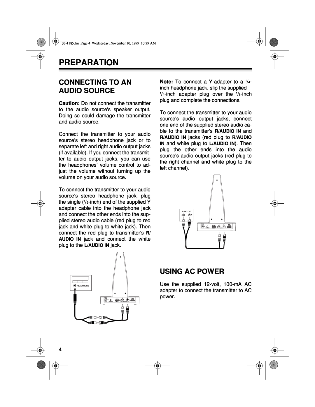 Radio Shack 33-1185 owner manual Preparation, Connecting To An Audio Source, Using Ac Power 