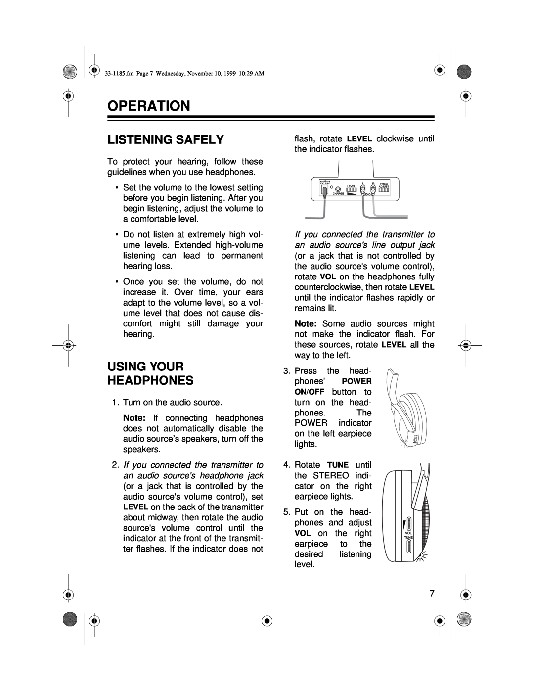 Radio Shack 33-1185 owner manual Operation, Listening Safely, Using Your Headphones 