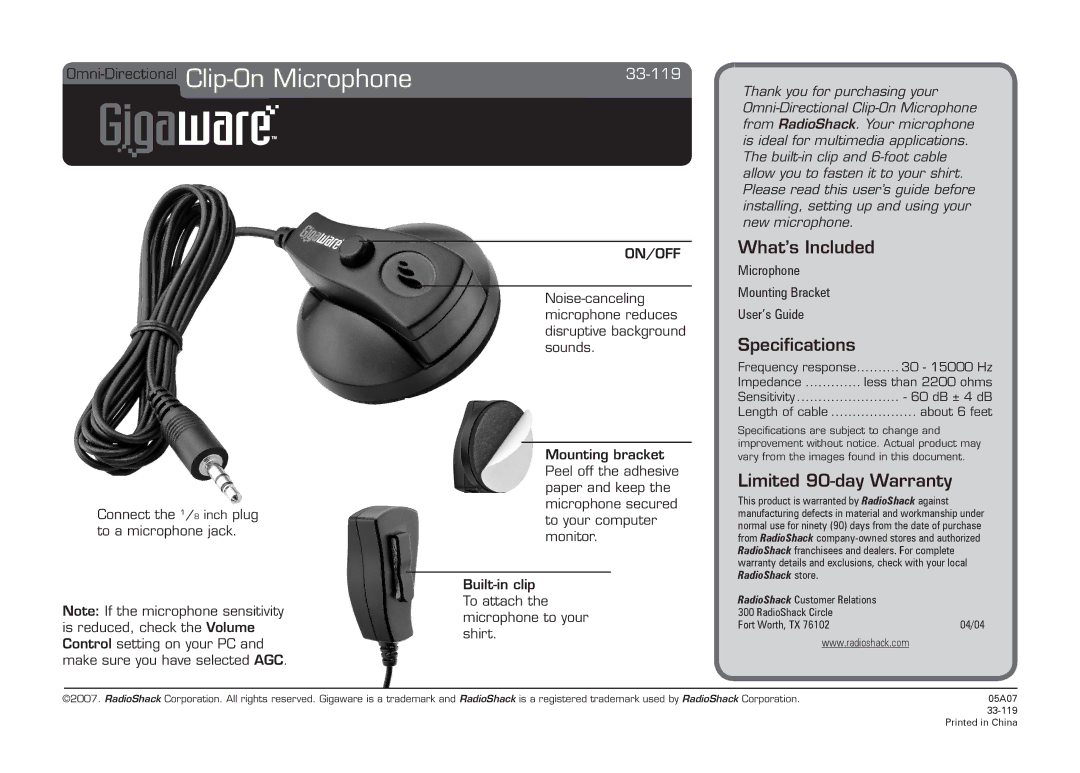 Radio Shack 33-119 specifications Omni-DirectionalClip-On Microphone, What’s Included, Specifications 