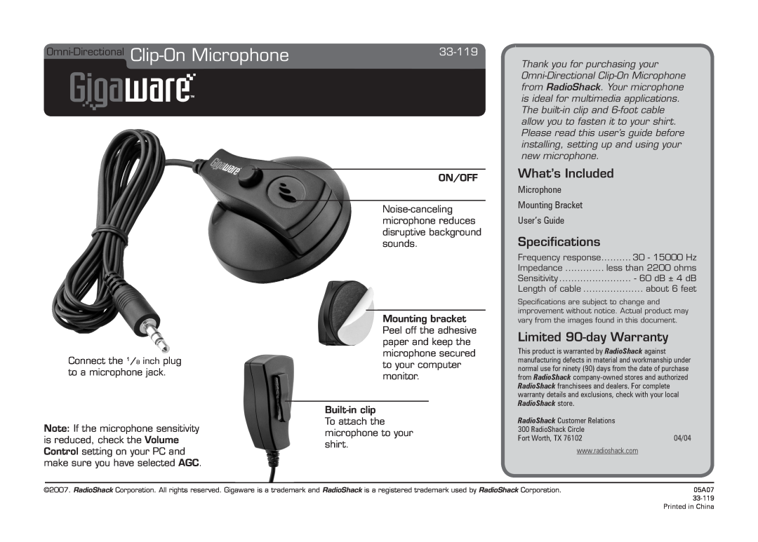 Radio Shack 33-119 specifications Omni-Directional Clip-On Microphone, What’s Included, Specifications, On/Off, Impedance 