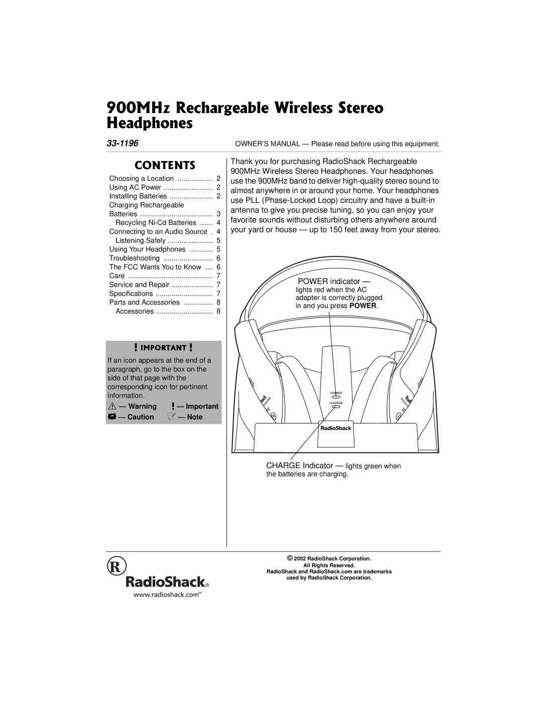 Radio Shack 33-1196 owner manual Power indicator, Troubleshooting, Care, Rý- Warning 