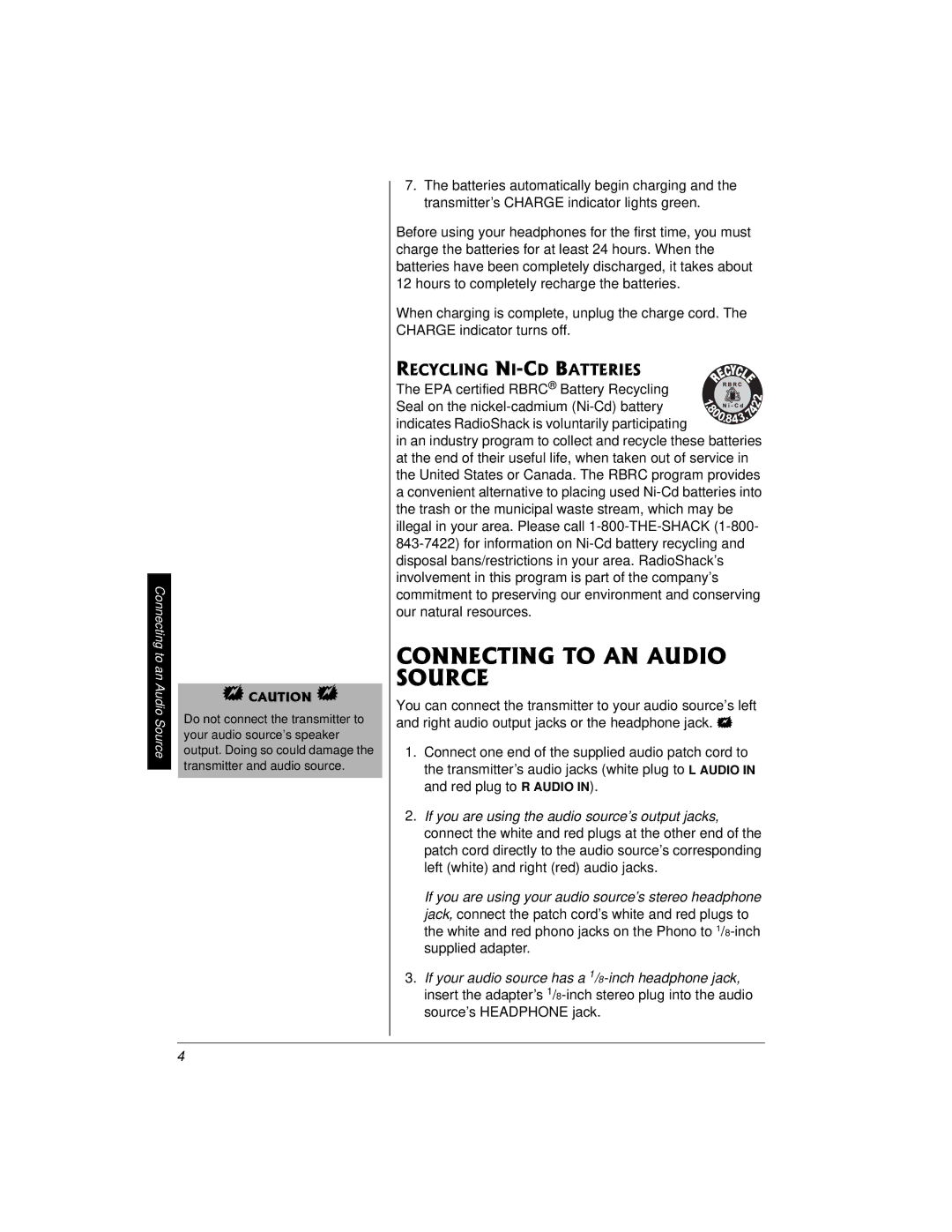 Radio Shack 33-1196 owner manual 100%6+061#0#7&+1 5174%, Connecting to an Audio Source 