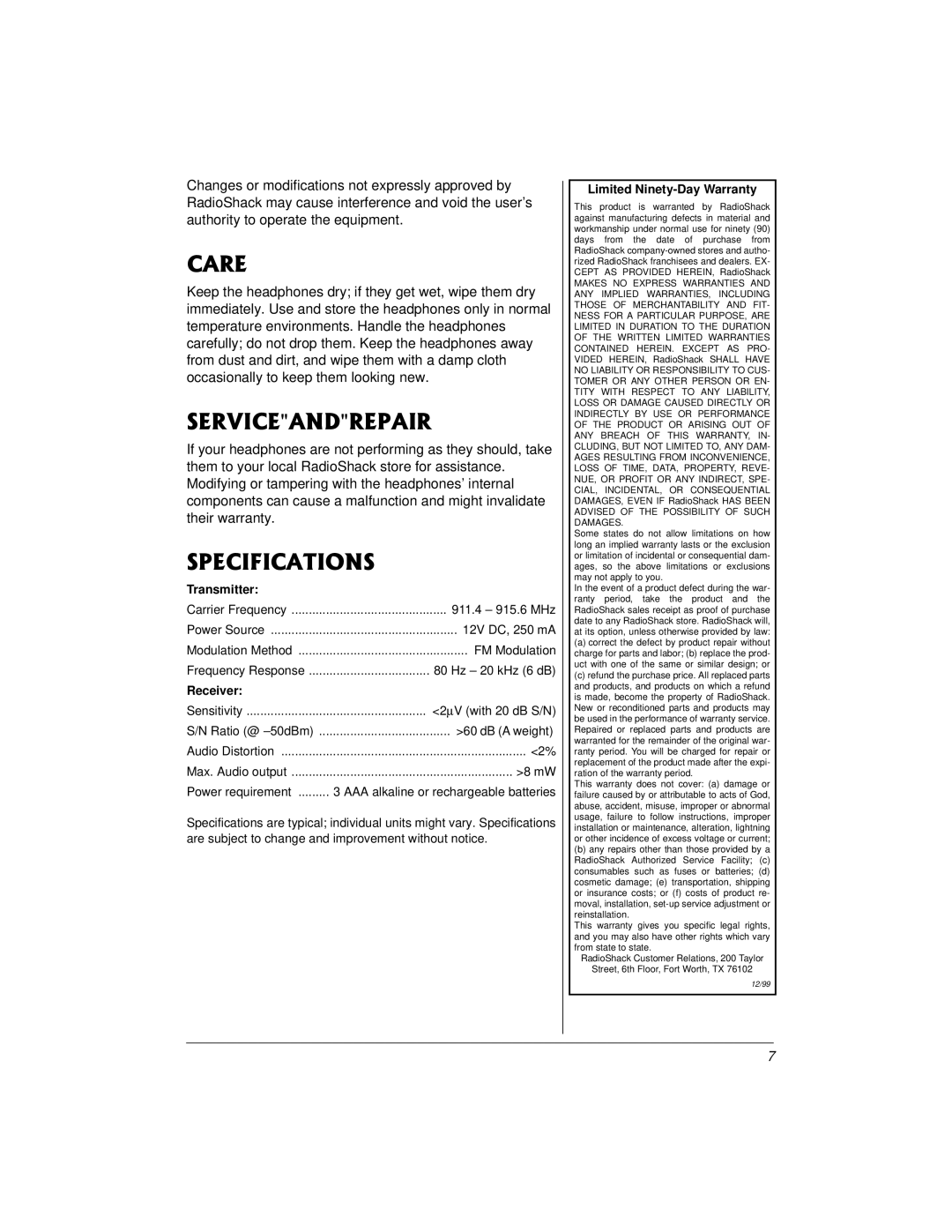 Radio Shack 33-1196 owner manual 548+%#0&42#+4, 52%++%#6+105, Transmitter, Receiver, Limited Ninety-Day Warranty 