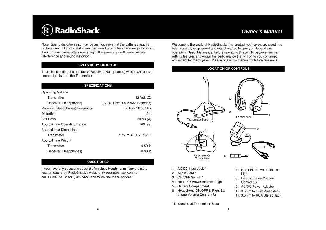 Radio Shack 33-1219 owner manual Everybody Listen UP, Specifications, Location of Controls, Questions? 