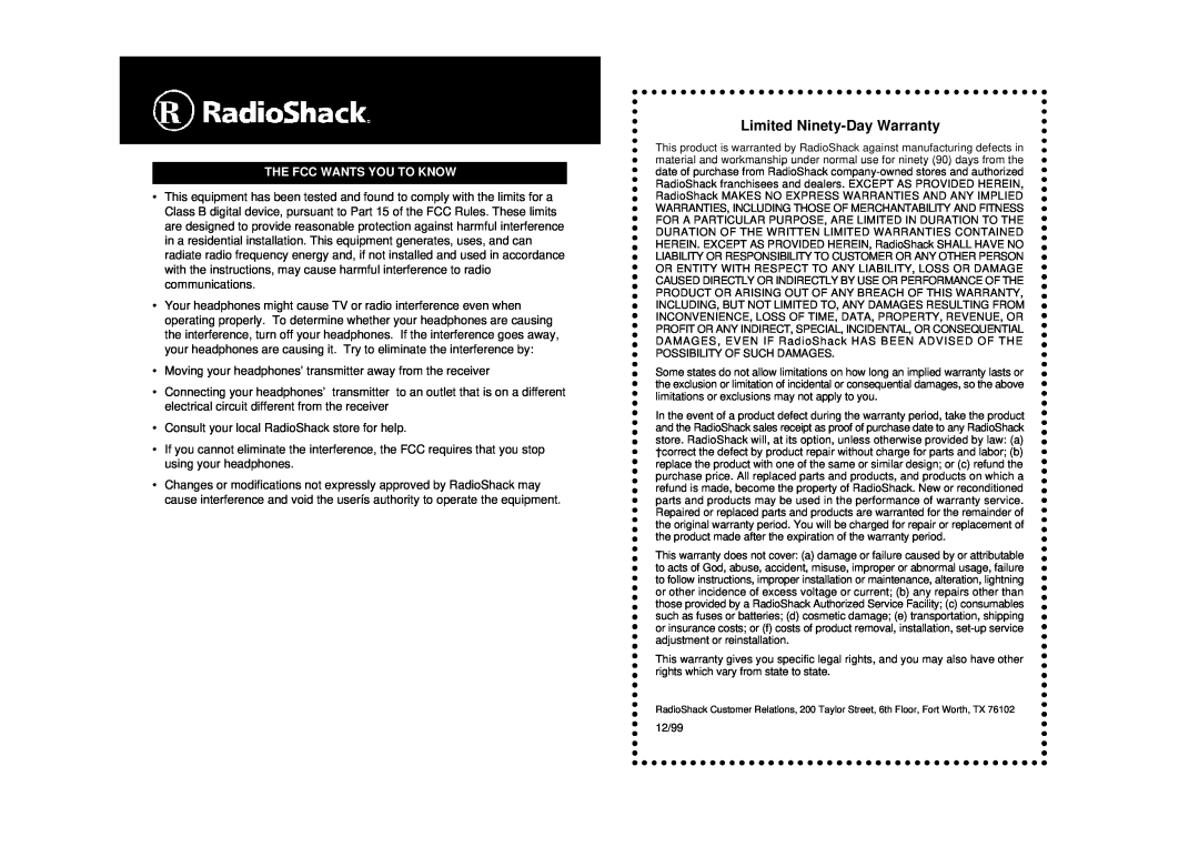 Radio Shack 33-1219 owner manual The Fcc Wants You To Know, Limited Ninety-DayWarranty 