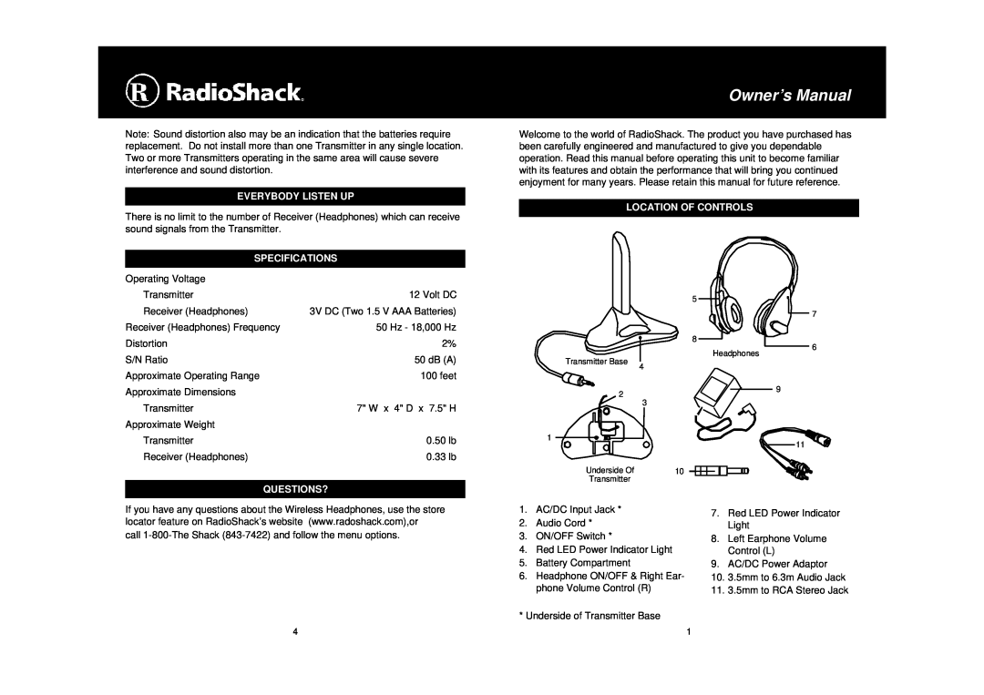 Radio Shack 33-1219 owner manual Everybody Listen Up, Specifications, Location Of Controls, Questions? 