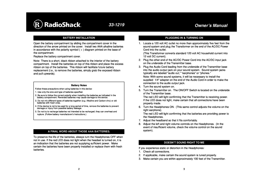 Radio Shack 33-1219 owner manual Battery Installation, A Final Word About Those Aaa Batteries, Plugging In & Turning On 