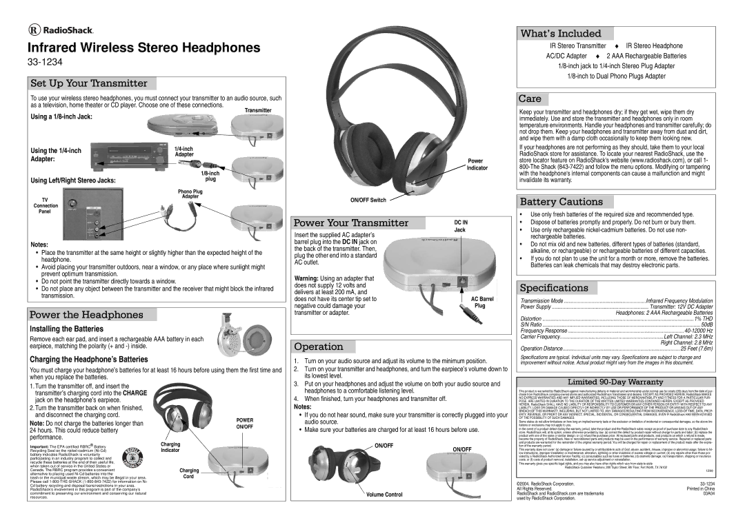 Radio Shack 33-1234 specifications Set Up Your Transmitter, What’s Included, Care, Battery Cautions, Power the Headphones 