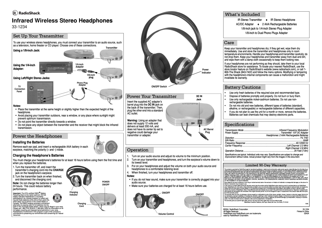 Radio Shack 33-1234 specifications Infrared Wireless Stereo Headphones, Set Up Your Transmitter, What’s Included, Care 