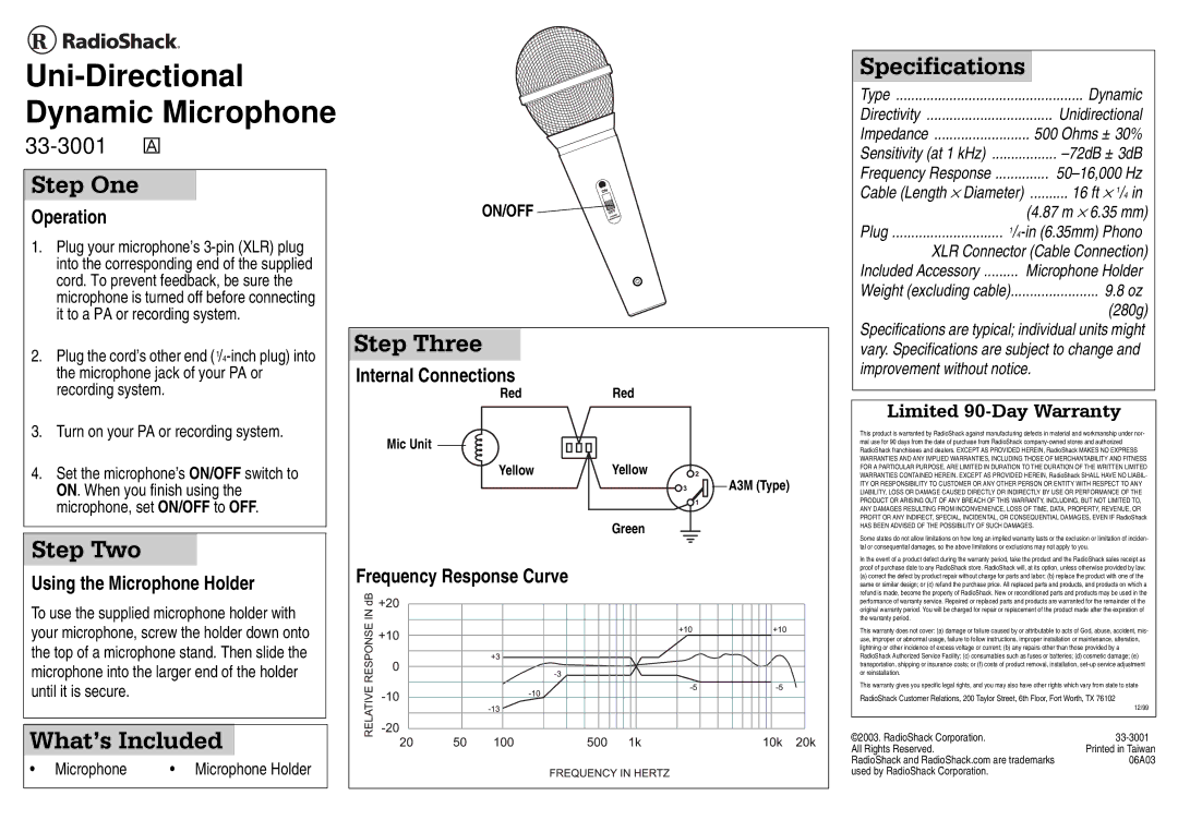 Radio Shack 33-3001 specifications Uni-Directional Dynamic Microphone 