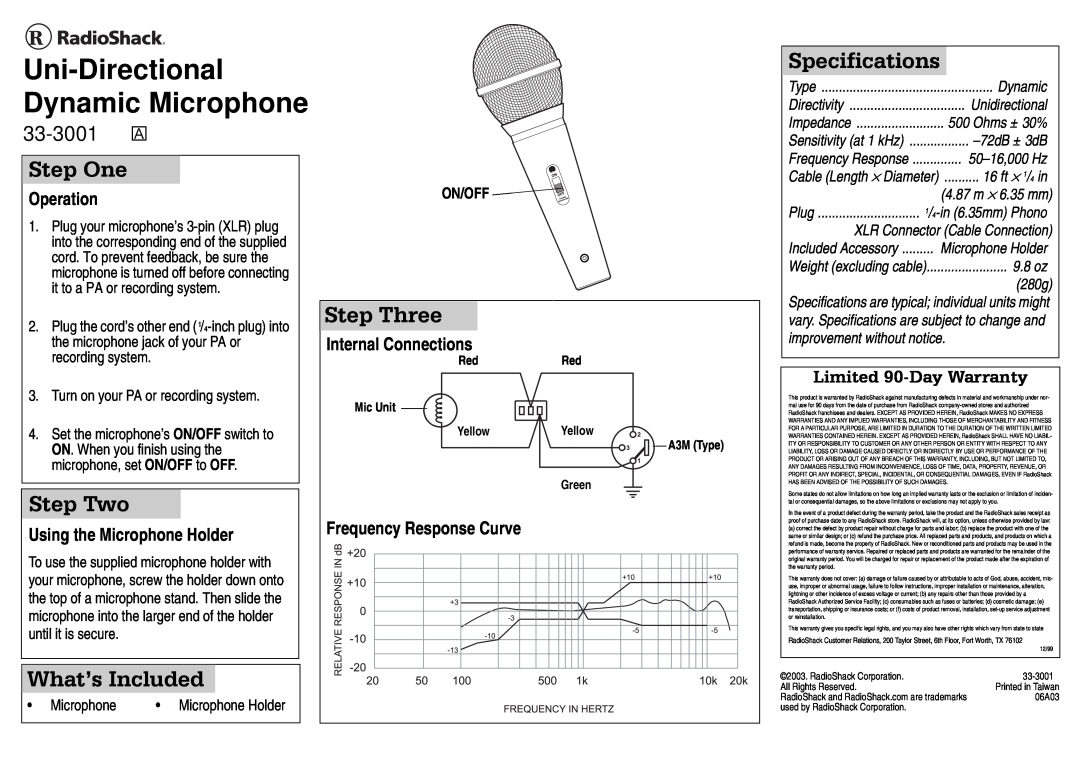 Radio Shack 33-3001 specifications Uni-Directional Dynamic Microphone, Step One, Step Two, What’s Included, Step Three 