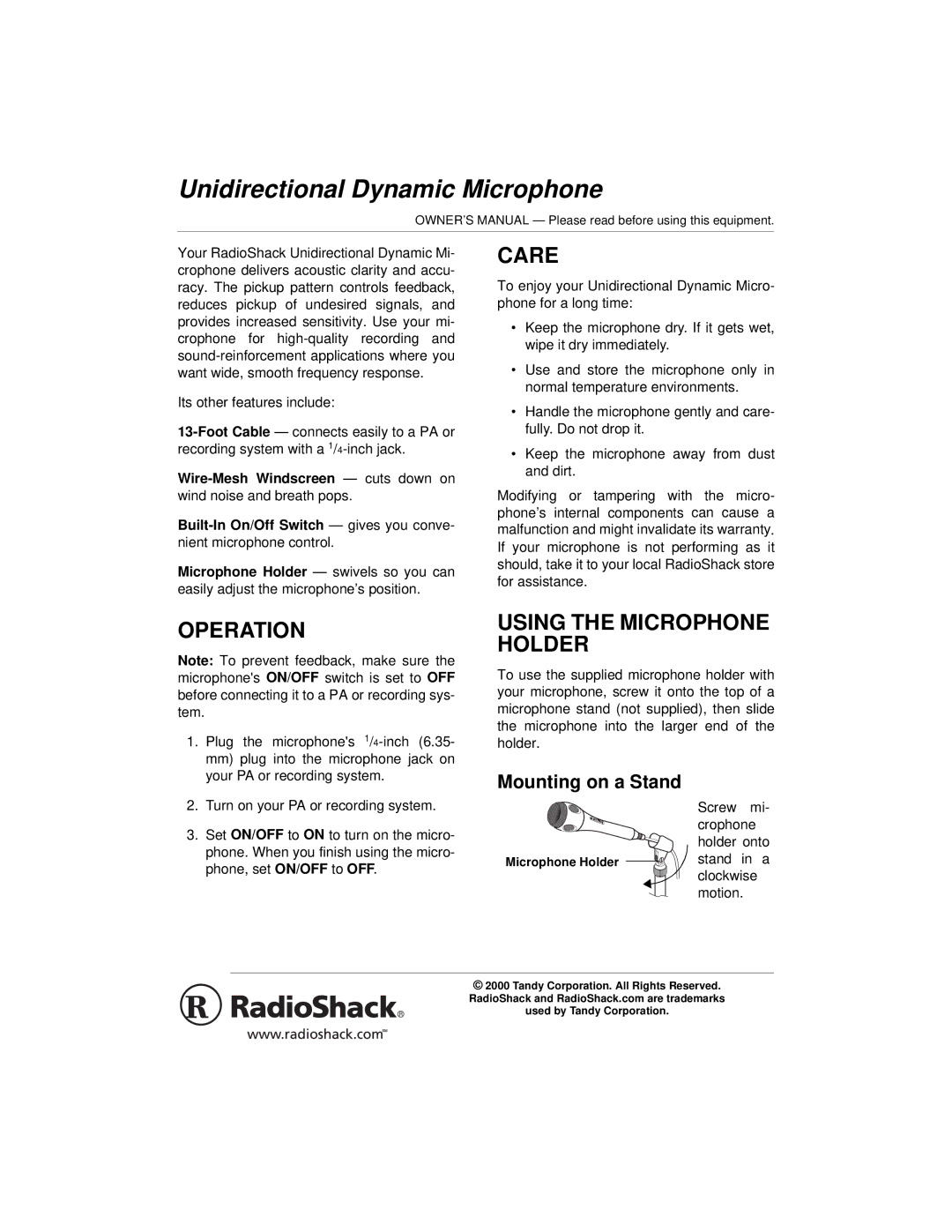 Radio Shack 33-3024 owner manual Unidirectional Dynamic Microphone, Operation, Care, Using the Microphone Holder 