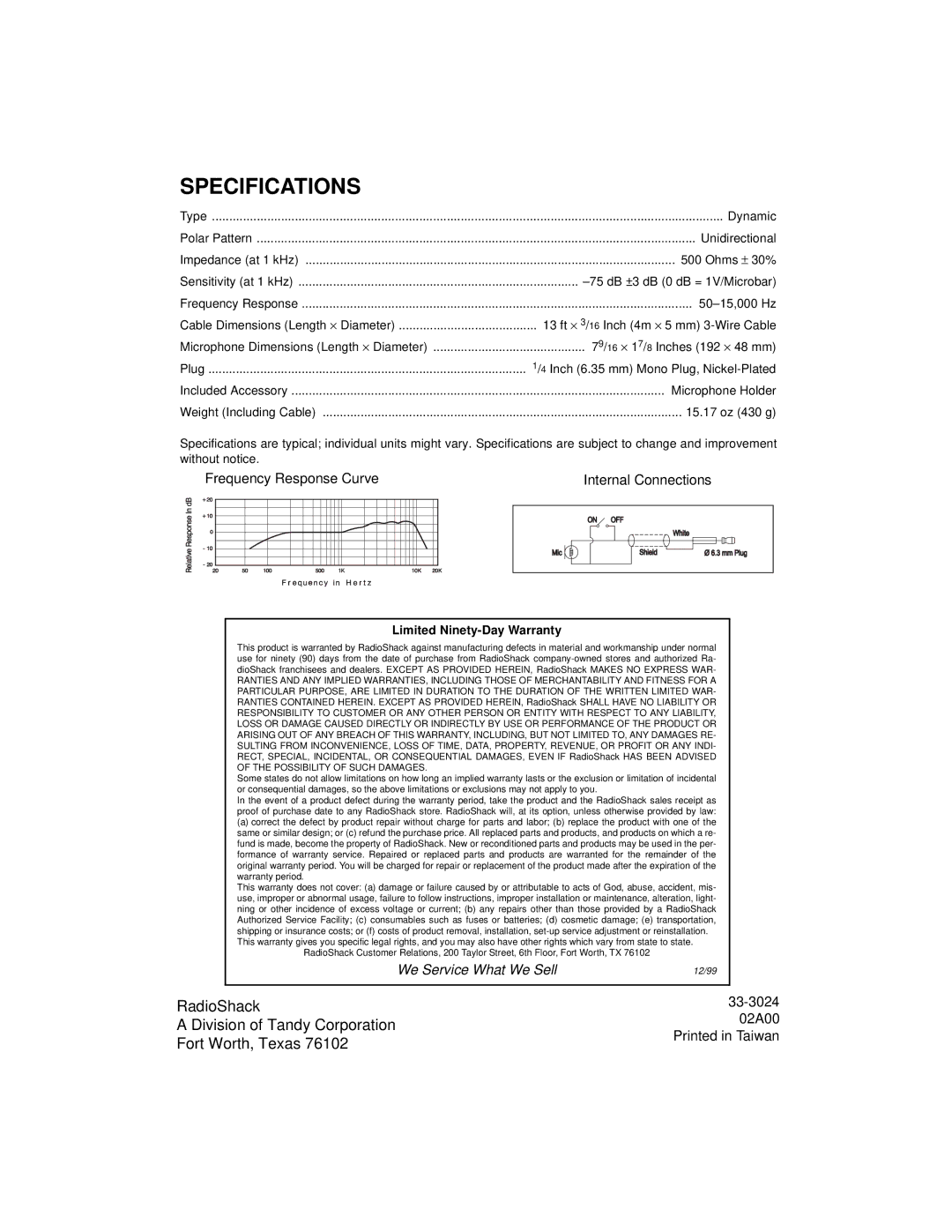 Radio Shack 33-3024 Specifications, Frequency Response Curve Internal Connections, 02A00, Limited Ninety-Day Warranty 