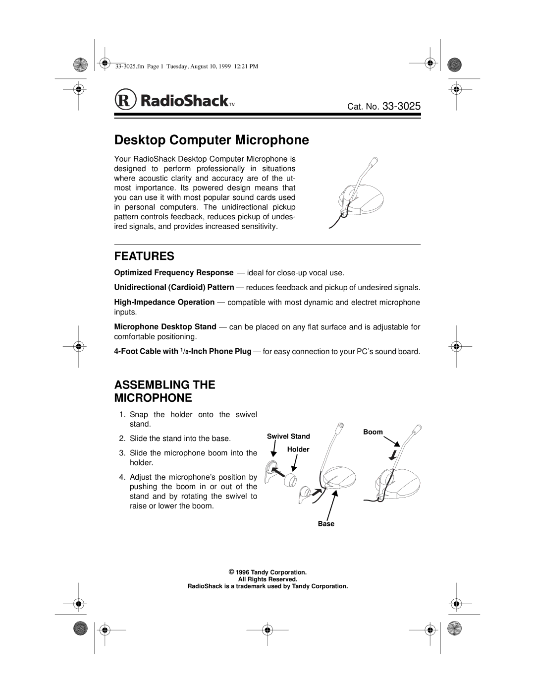 Radio Shack 33-3025 manual Features, Assembling Microphone 