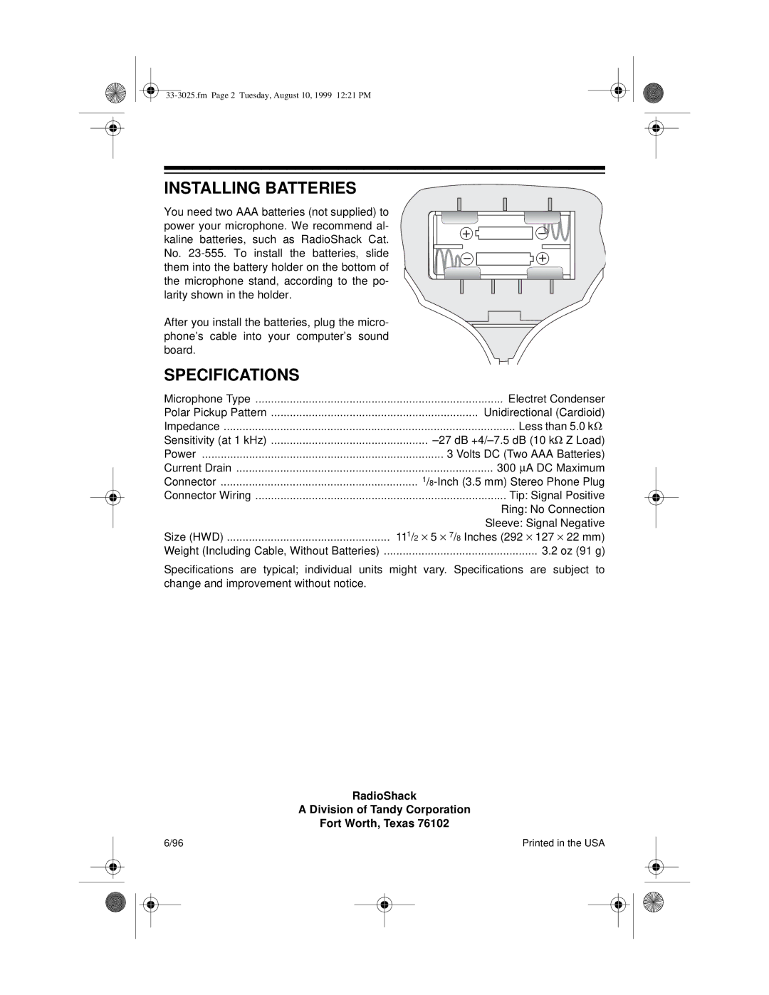 Radio Shack 33-3025 manual Installing Batteries, Specifications 