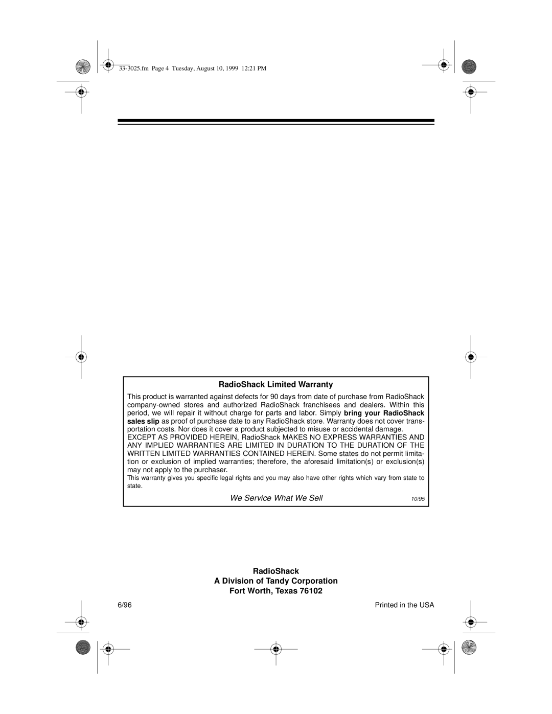 Radio Shack 33-3025 manual RadioShack Limited Warranty 