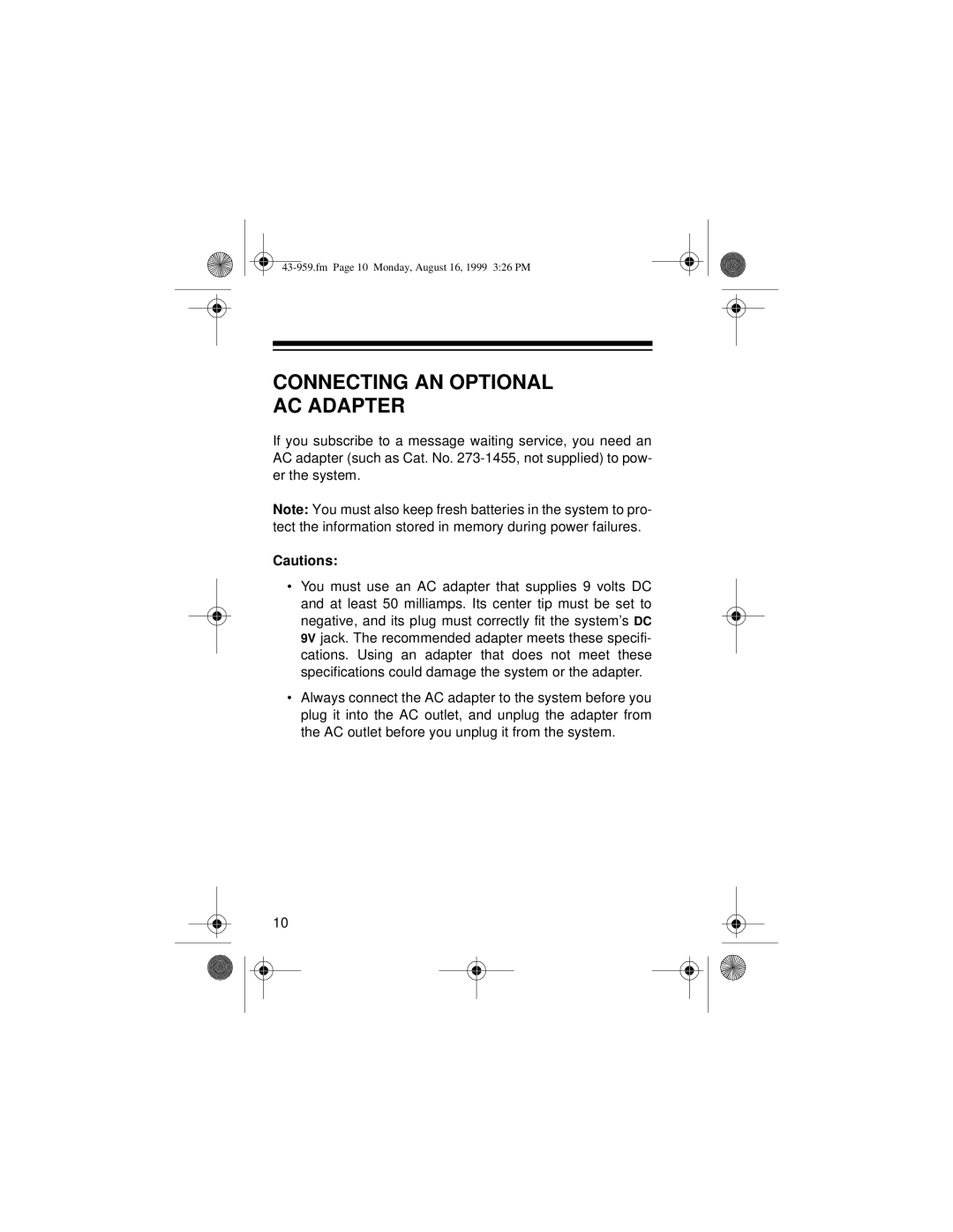 Radio Shack 350 owner manual Connecting AN Optional AC Adapter 