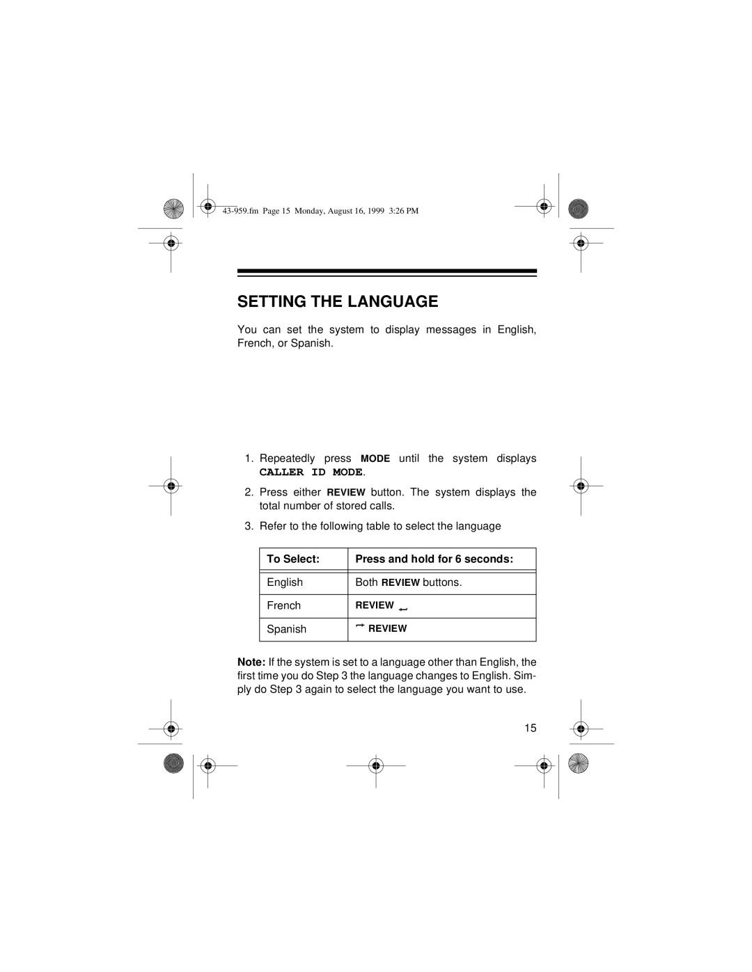 Radio Shack 350 owner manual Setting the Language, Caller ID Mode 