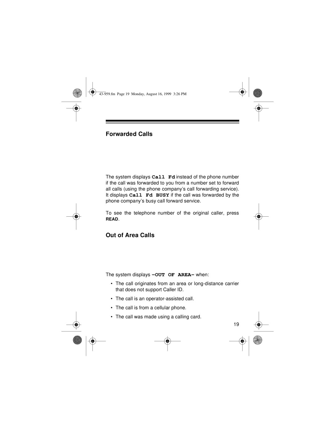 Radio Shack 350 owner manual Forwarded Calls, Out of Area Calls 