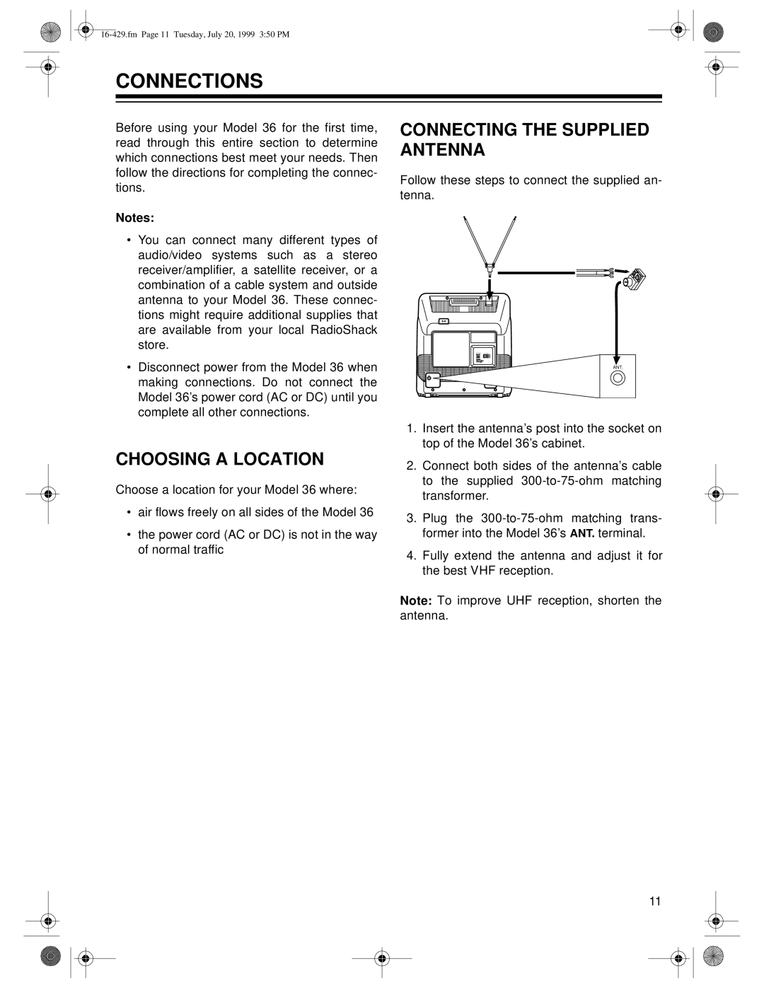 Radio Shack 36 owner manual Connections, Connecting the Supplied Antenna, Choosing a Location 