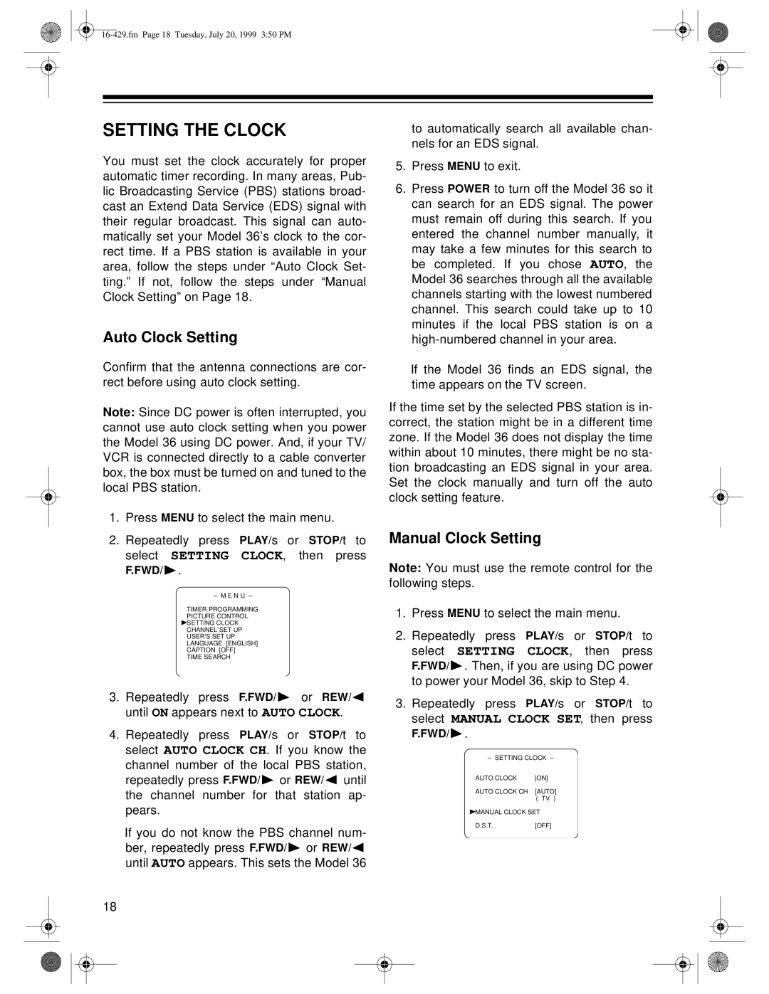 Radio Shack 36 owner manual Setting the Clock, Auto Clock Setting, Manual Clock Setting 