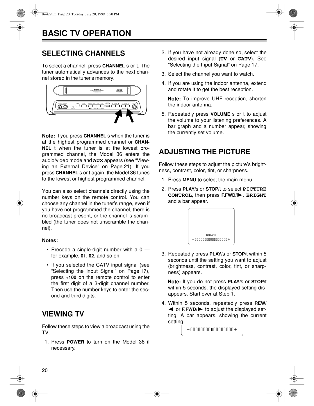 Radio Shack 36 owner manual Basic TV Operation, Selecting Channels, Adjusting the Picture, Viewing TV 