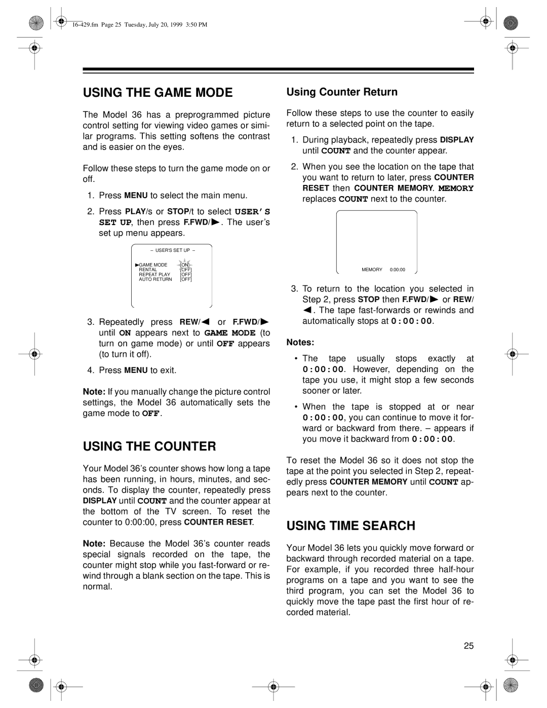 Radio Shack 36 owner manual Using the Game Mode, Using the Counter, Using Time Search, Using Counter Return 