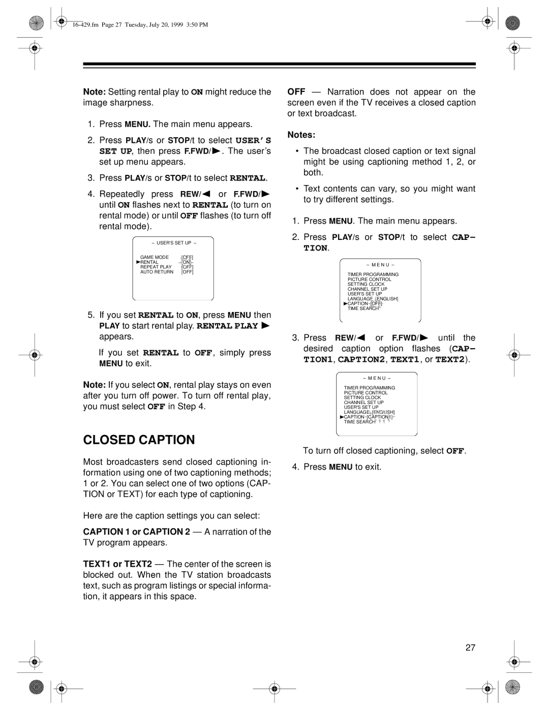 Radio Shack 36 owner manual Closed Caption, Caption 1 or Caption 2 a narration 