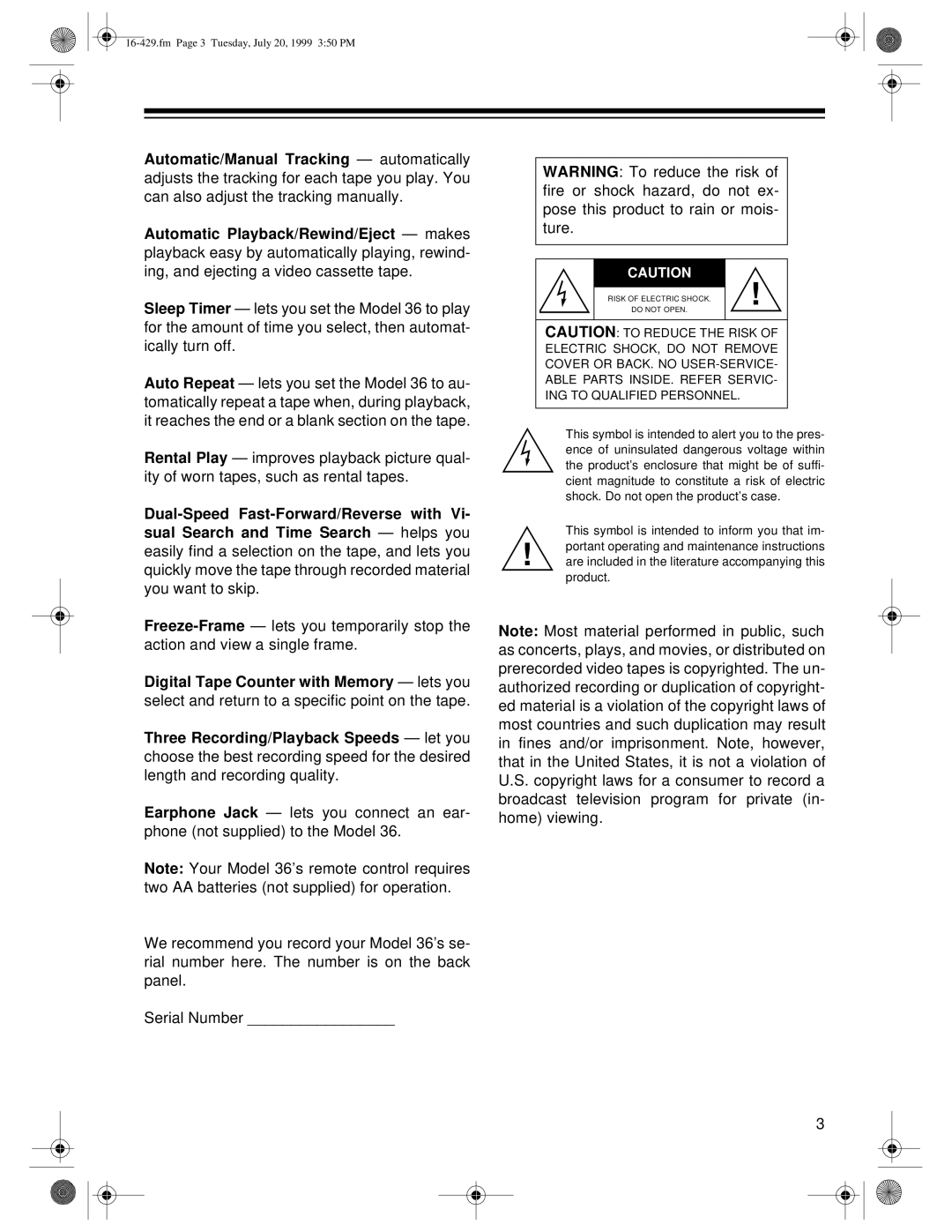 Radio Shack 36 owner manual Fm Page 3 Tuesday, July 20, 1999 350 PM 