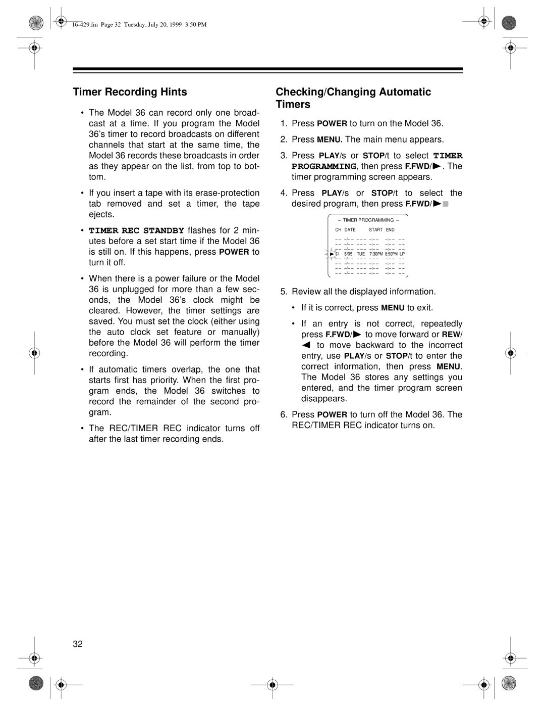 Radio Shack 36 owner manual Timer Recording Hints, Checking/Changing Automatic Timers 