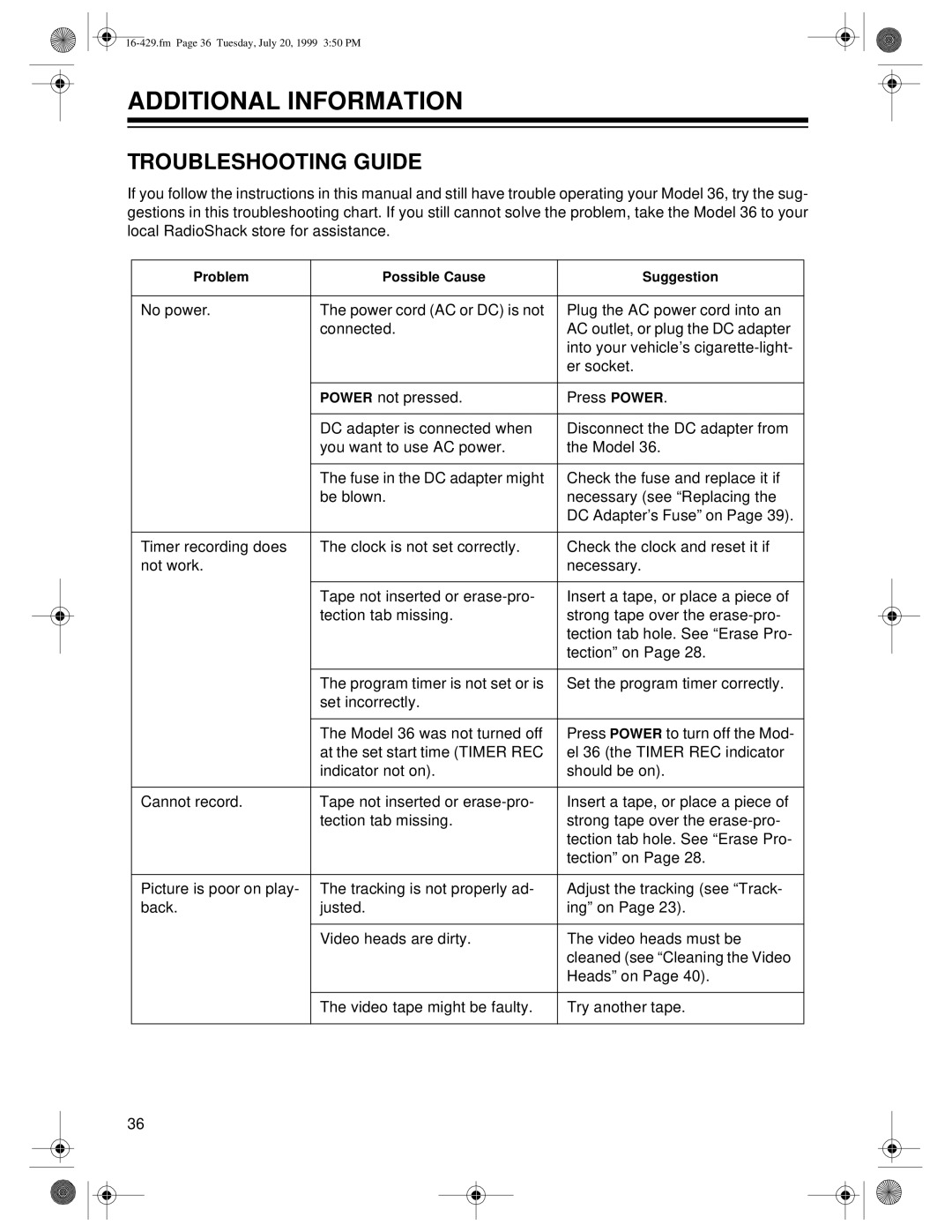 Radio Shack 36 owner manual Additional Information, Troubleshooting Guide 