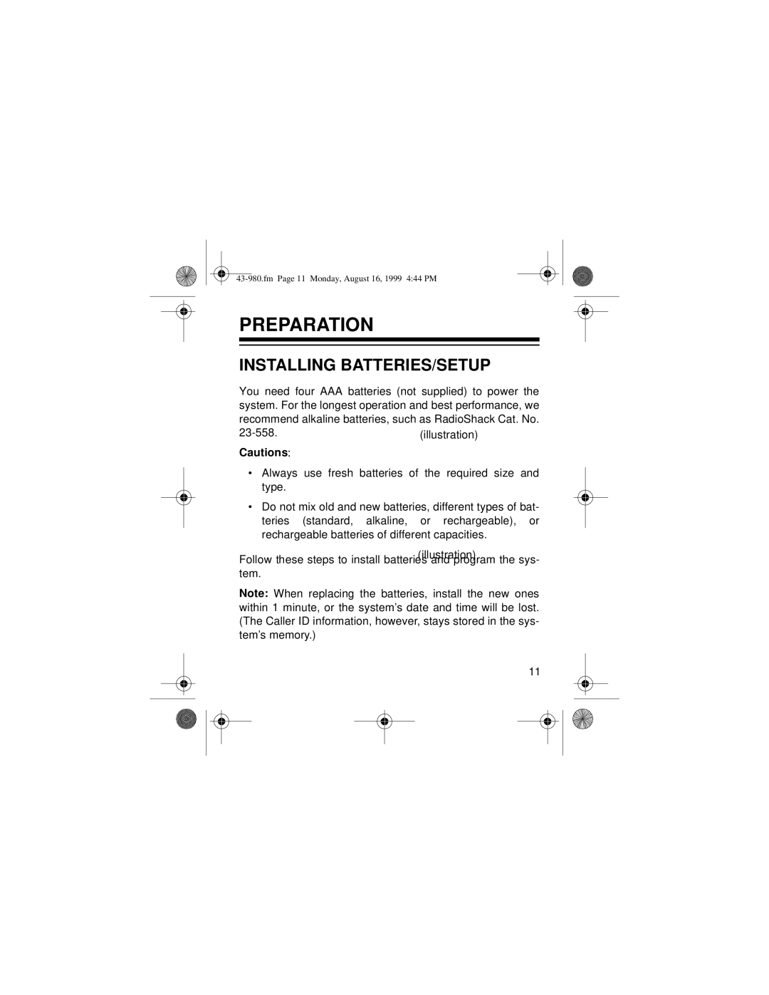 Radio Shack 360 owner manual Preparation, Installing BATTERIES/SETUP 