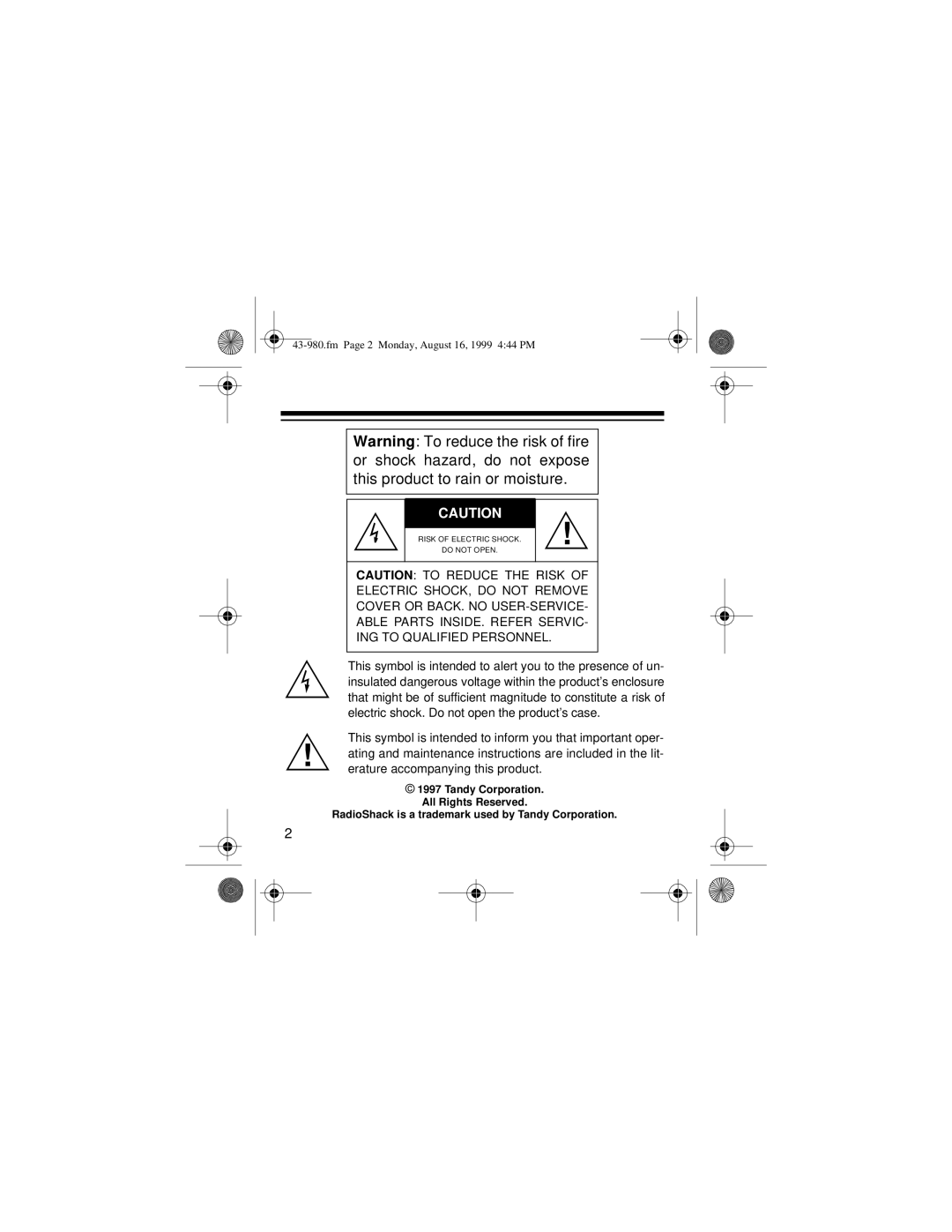 Radio Shack 360 owner manual Fm Page 2 Monday, August 16, 1999 444 PM 