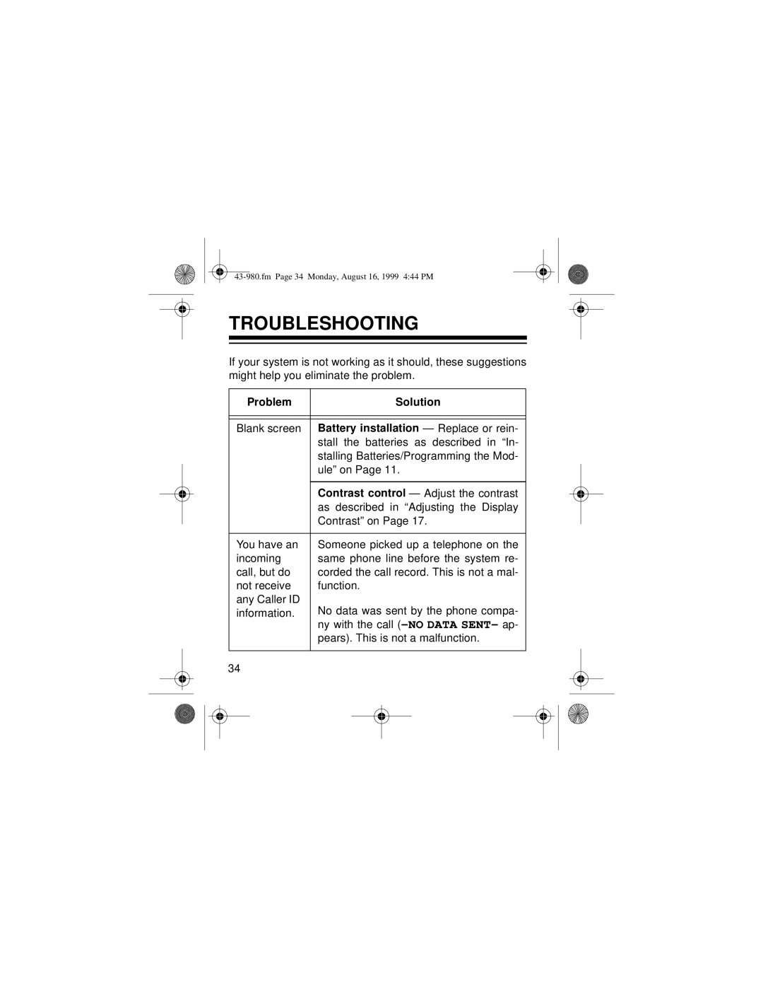 Radio Shack 360 owner manual Troubleshooting, Battery installation Replace or rein 