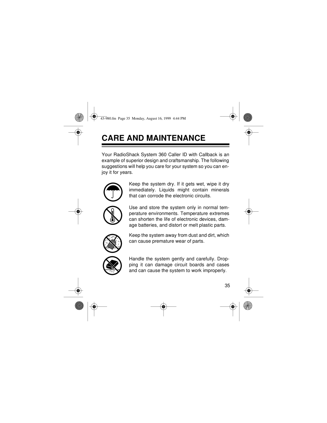 Radio Shack 360 owner manual Care and Maintenance 