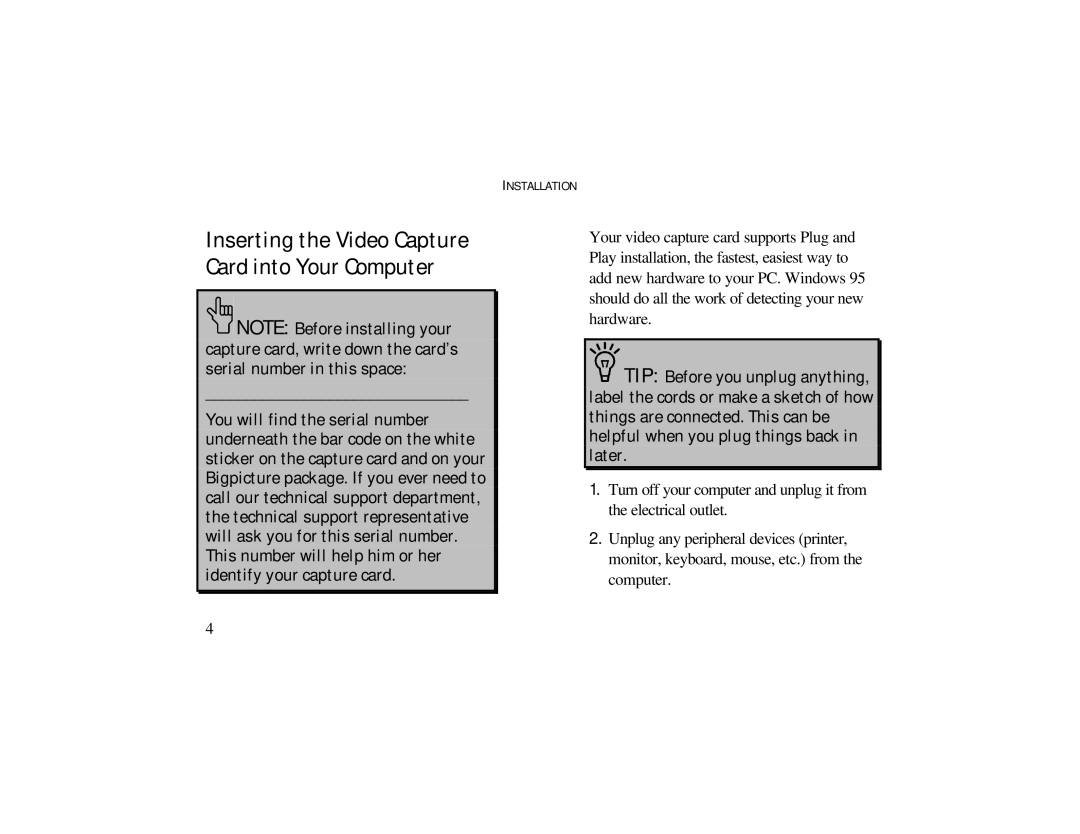 Radio Shack 3Com Bigpicture operating instructions Inserting the Video Capture Card into Your Computer 