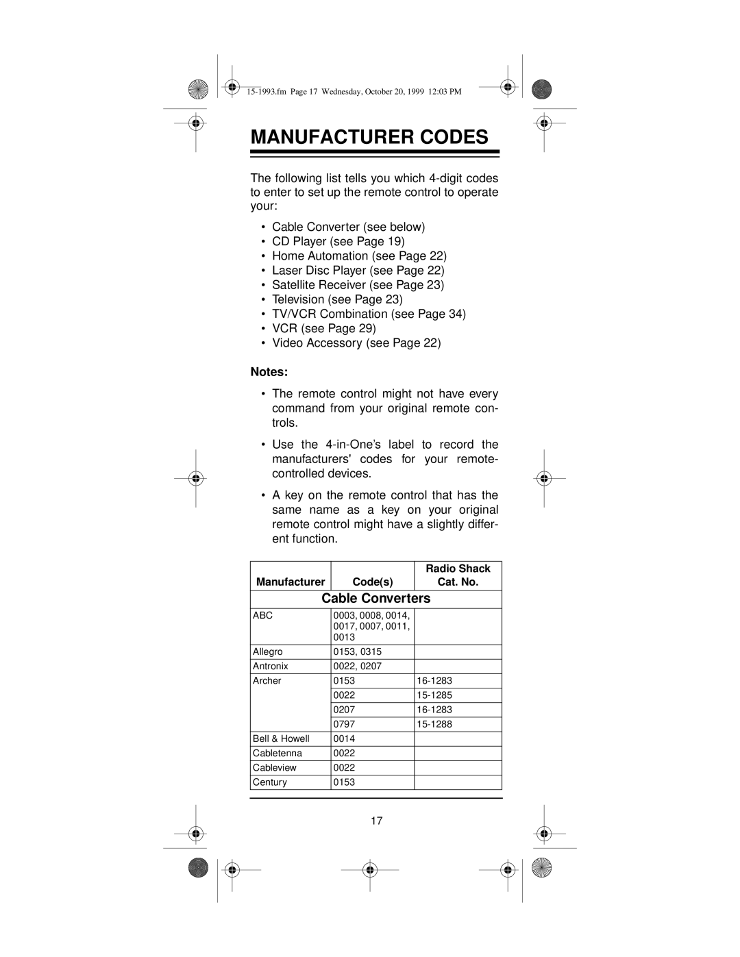 Radio Shack 4-in-One Smart Light-Up Remote Control owner manual Manufacturer Codes, Cable Converters, Abc 