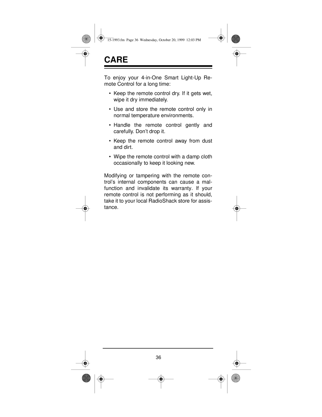 Radio Shack 4-in-One Smart Light-Up Remote Control owner manual Care 