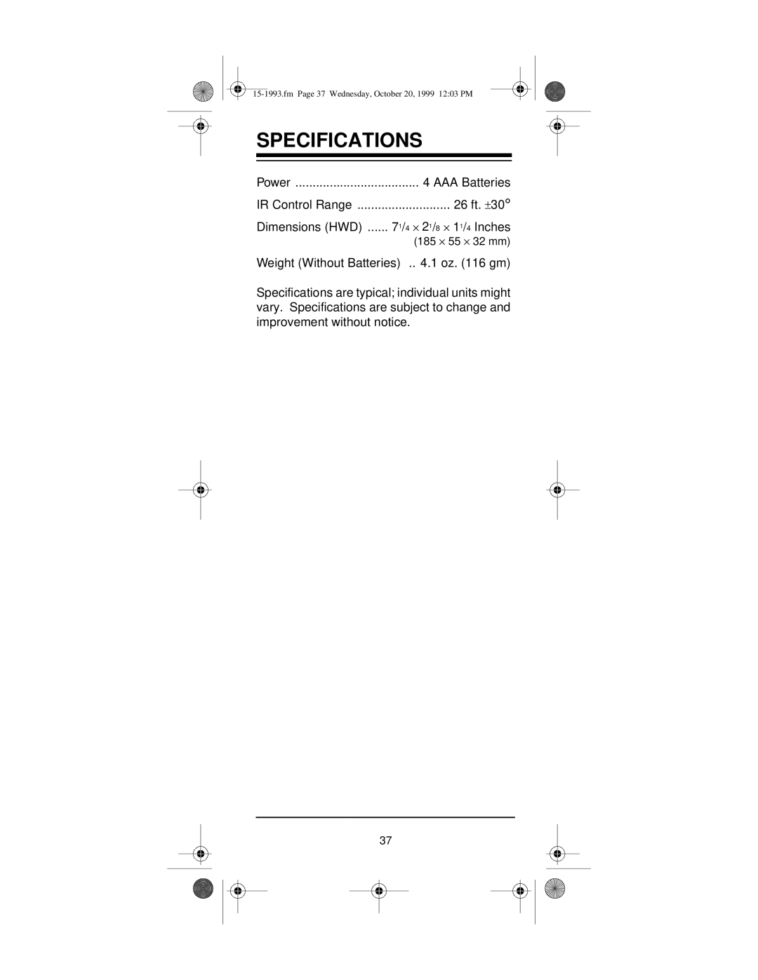 Radio Shack 4-in-One Smart Light-Up Remote Control owner manual Specifications 