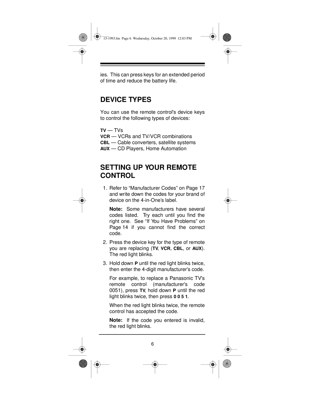 Radio Shack 4-in-One Smart Light-Up Remote Control owner manual Device Types, Setting UP Your Remote Control 